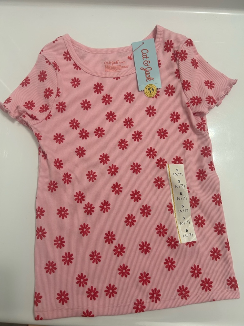 Cat & Jack Pink Tee with Red Daisy Print - Short Sleeve